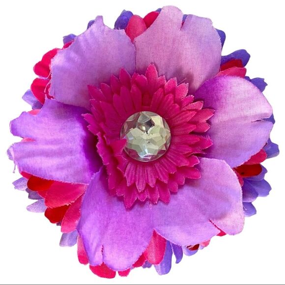 Pink Purple Multi Flower Layered Flower Hair Clip Girls Bow Rhinestone Center - Picture 1 of 9